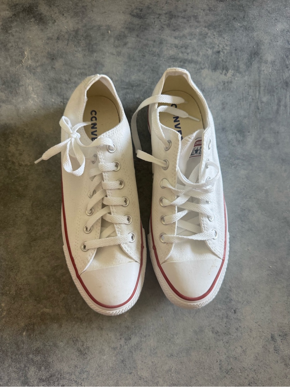 Converse White Low Top Canvas Sneakers with Red Stripe